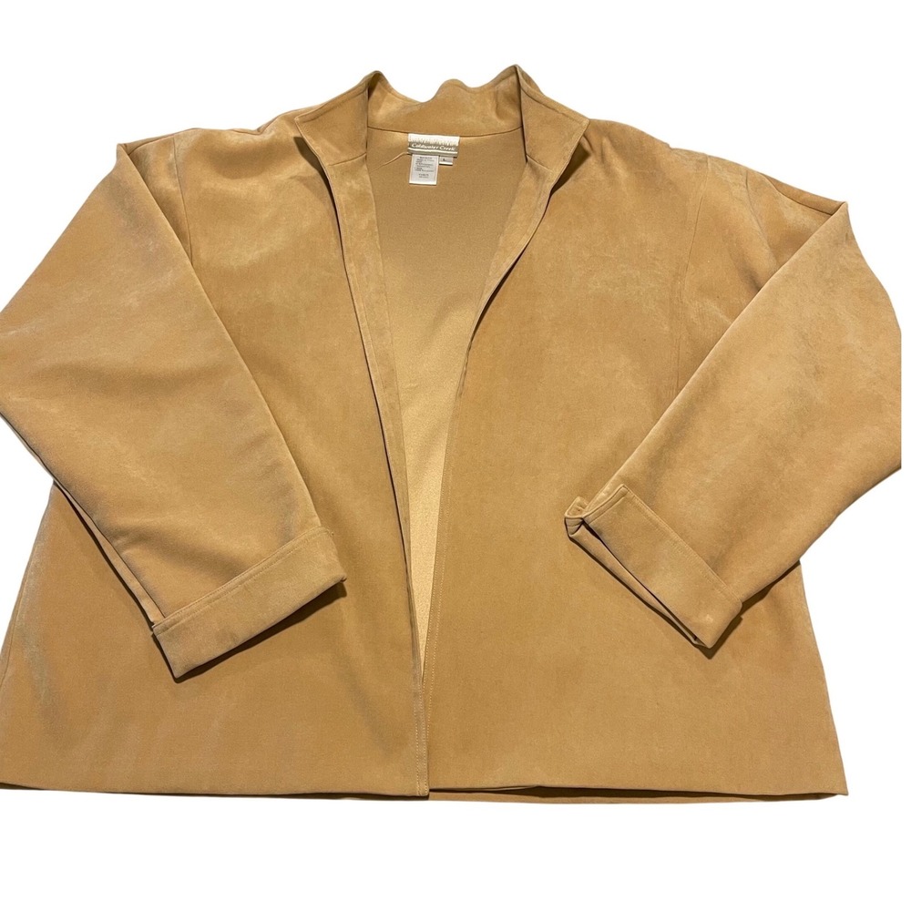 Coldwater Creek Faux Suede Jacket Womens Large Tan Camel Open Front Stand Collar